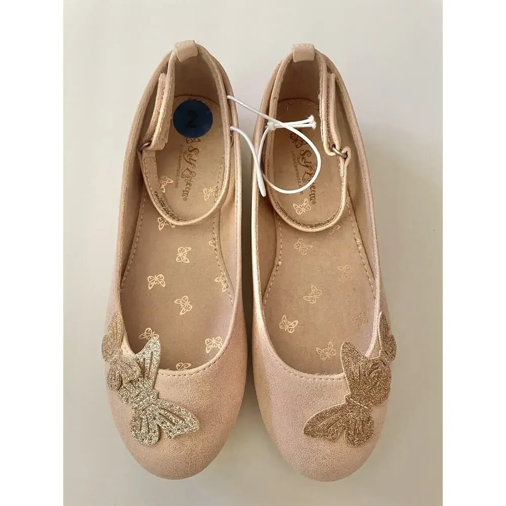 Self Esteem Blush Pink Sparkle Butterfly Ankle Strap Ballet Flat Shoes Size 2